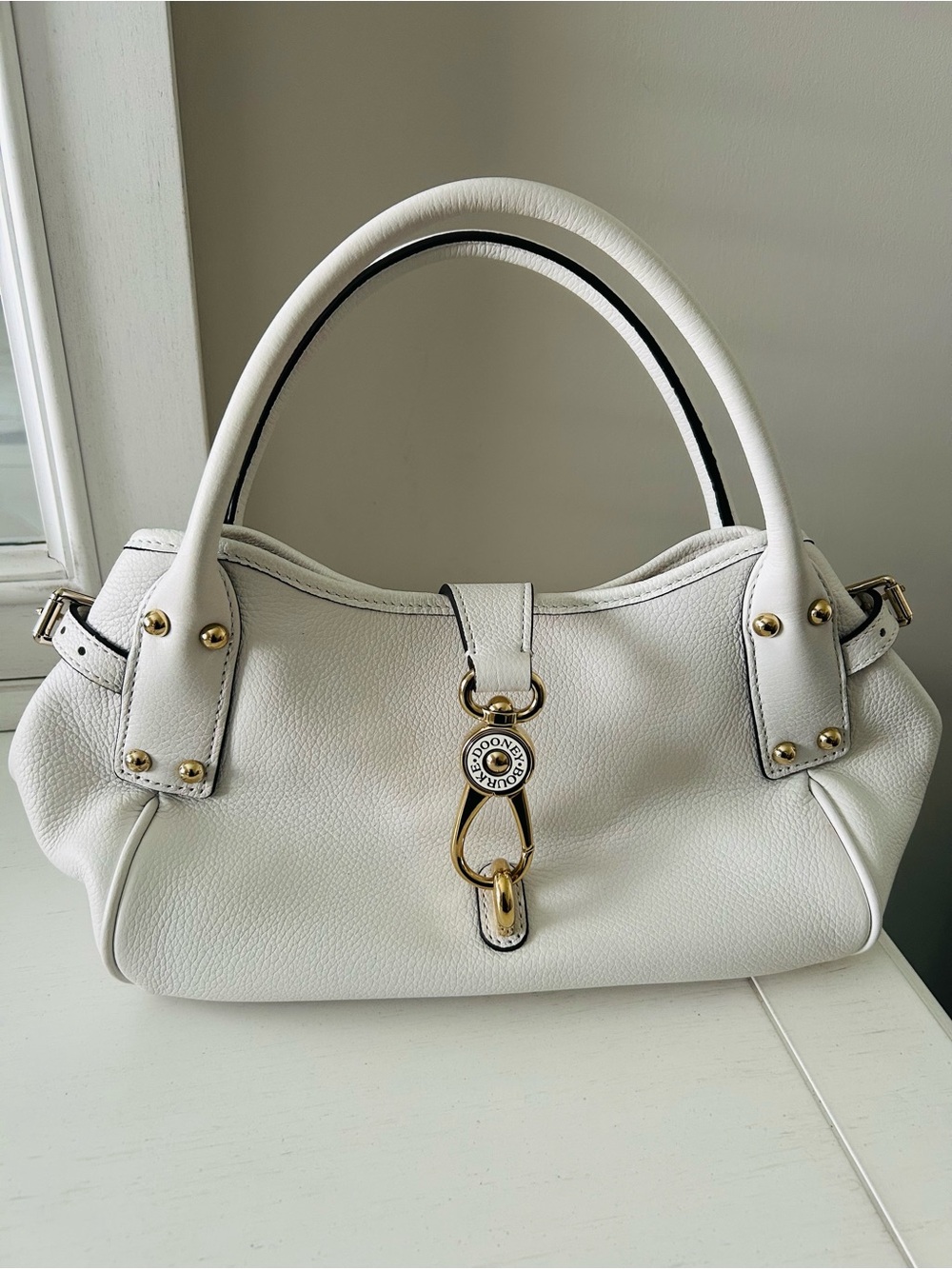 Dooney & Bourke Belvedere Medium Logo White Cream Satchel with Gold Accents - Picture 4 of 16